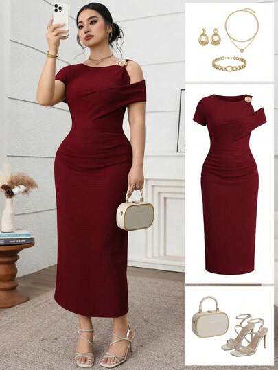 Modelyn Plus Size Elegant Commuter Solid Color Asymmetric Collar Dress Bodycon Plus Size Dress