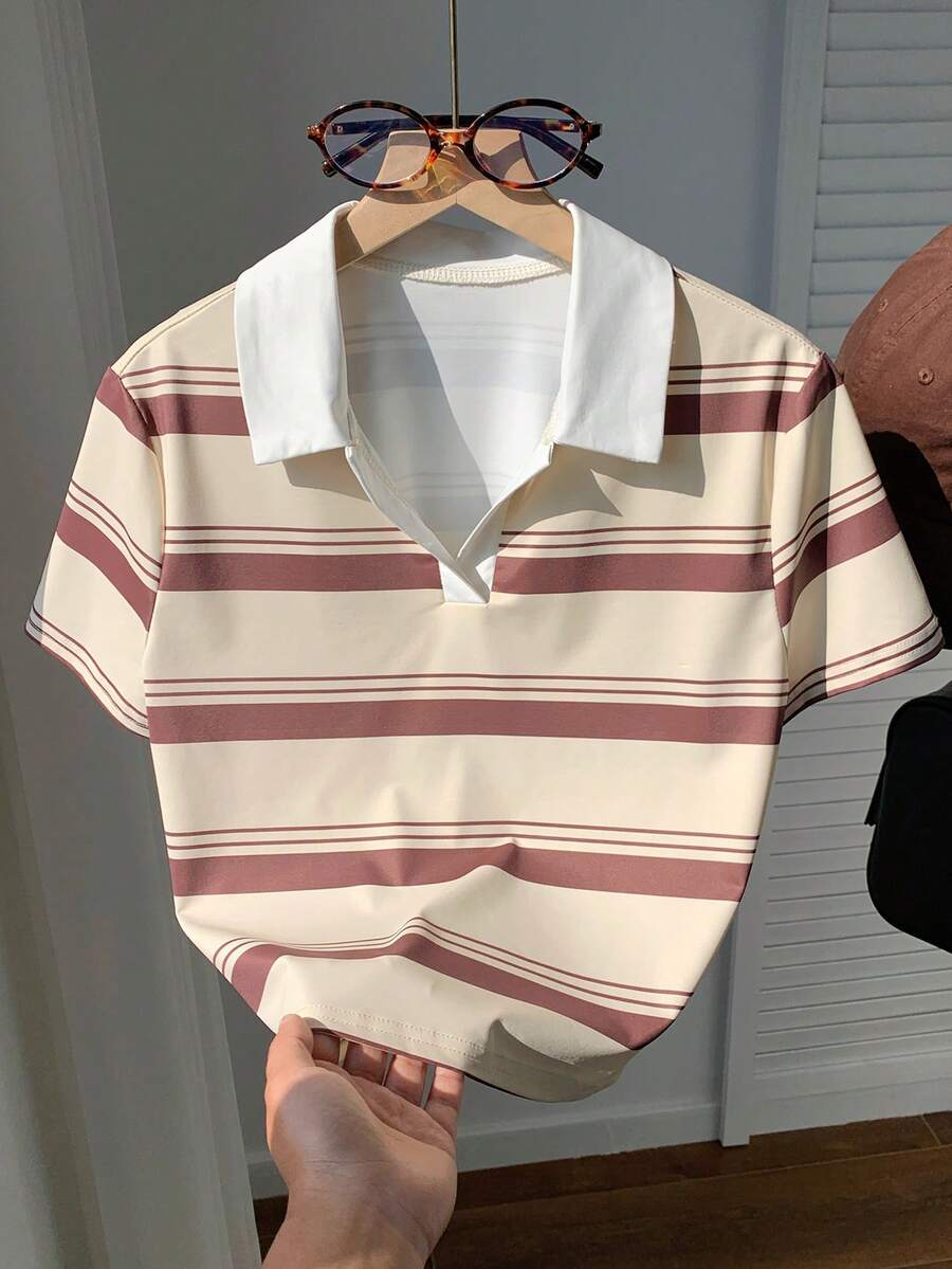 Comfortcana Áo thun polo cổ bẻ dáng ôm in họa tiết phối màu retro mới về mùa xuân/hè 2026 dành cho nữ, thích hợp mặc đi chơi hoặc đi nghỉ mát. - Nhiều màu - Xem 1