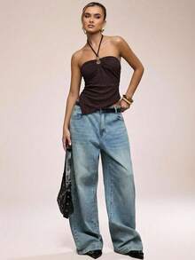 SHEIN BAE Women's Casual Vacation Textured Metal Decor Halter Tie Asymmetrical Hem Halter Top, Suitable For Beach Vacation, Music Festival, Boho Vacation, Beach Travel, Casual Travel, Summer, Brown Textured Top - Coffee Brown - View 4