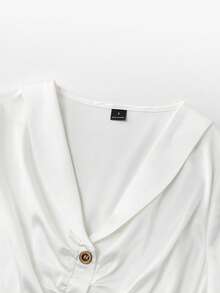 SHEIN Women's Elegant Summer Office Off-White Satin Blouse,Commuter Fitted Short Sleeve Shirt,Front Button V-Neck Pique Fabric Tops For Business Casual - White - View 4