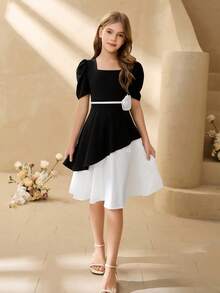 Tween Girl Colorblock Square Neck Petal Sleeve Dress With 3D Floral Decor - Black - View 7
