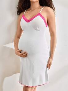 Moonlight&Mama Maternity Contrast Lace Ribbed Camisole Nightgown - White - View 6