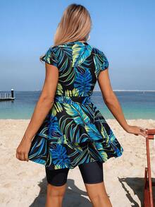 Swim Mulvari Women's New Arrival Green Printed 2-Piece Swimwear, Round Neck Ruffle Sleeve Crop Top And High-Waisted Ruffle Hem Shorts, Fashionable Beach Party Holiday Swimwear Set - Multicolor - View 2