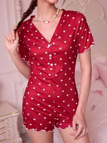 Heart Print Lettuce Trim Romper - Red - View 3