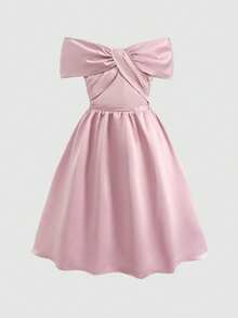 Tween Girl Elegant Casual Pink Shiny Backless Criss-Cross Off-Shoulder Ruffle Dress - Dusty Pink - View 4