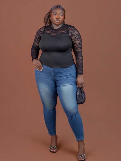 CurvyTilda Top à manches longues en maille à col rond tricoté noir, avec contraste de couleurs, grande taille, pour le printemps, l'été, l'automne et l'hiver. Vêtements d'Halloween grande taille