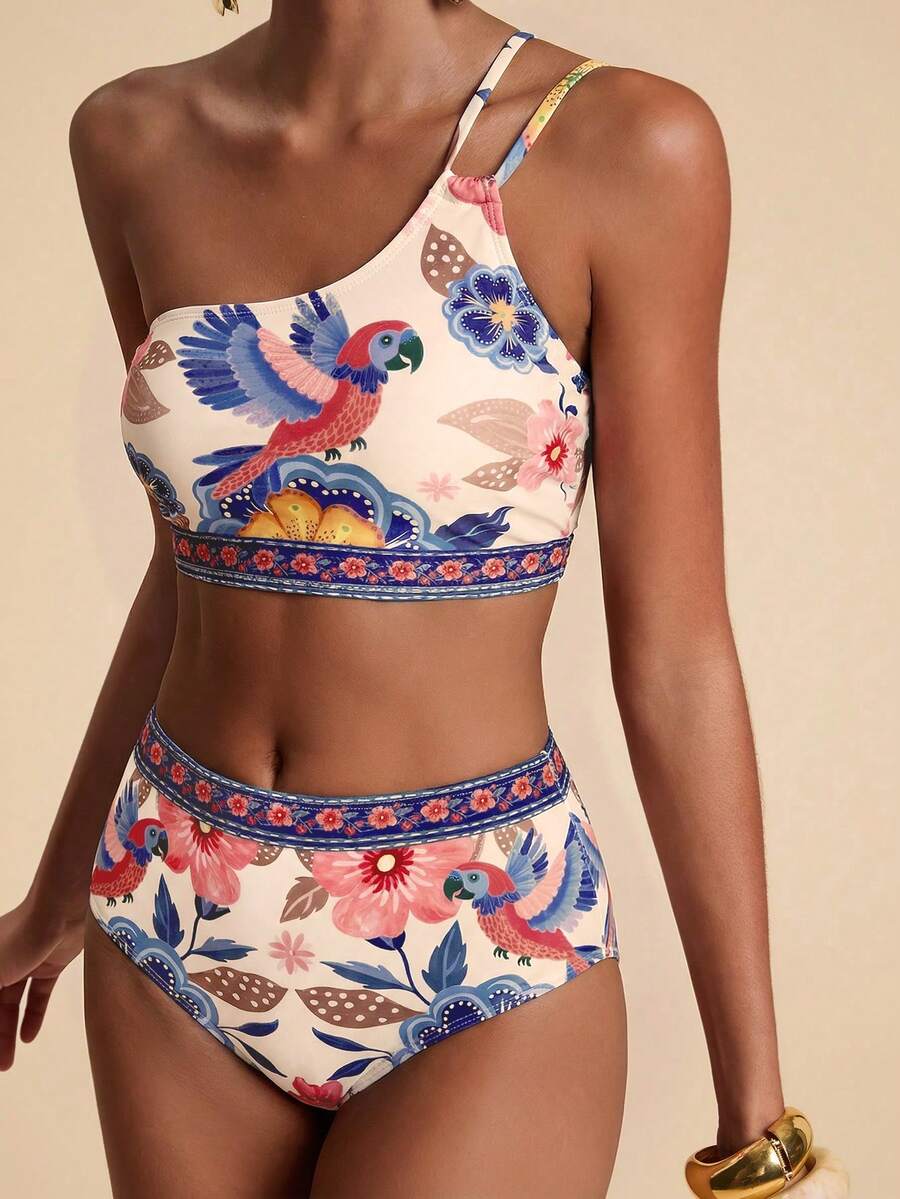 Travachic Bộ đồ bơi mùa hè dành cho nữ, họa tiết hoa và vẹt, kiểu áo tankini buộc cổ và quần tam giác. - Nhiều màu - Xem 1