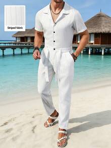 VENTUSAIL 男士夏季休闲条纹纽扣短袖连体裤 白色男士连体裤 男士短袖连体裤 男士条纹连体裤 男士沙滩连体裤 日常休闲、周末旅行、远足旅行、轻松的工作环境、送给男友/丈夫的礼物、周年纪念/生日礼物、派对夏季假期男士度假装 白色条纹连体裤 男士沙滩装 白色奶油色男士连体裤 男士邮轮服装 - 白色 - 查看 3