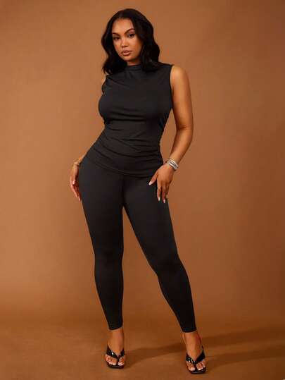 Slaydiva Spring/Summer New Music Festival, Easter, Western, Nomadic, Birthday Party, Graduation, Campus Style, Student Wear, Daily Casual, Basic Versatile, Leisure, Cruise Travel, Beach, Sunbathing, Viral , Streetwear, Brunch, Airport, Party & Holiday 2-Piece Set - Black Sleeveless Pleated Top And Pants, Plus Size