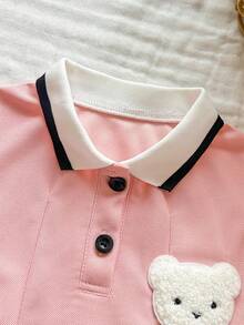 SHEIN Vintaside Kids 一件女婴粉色珍珠面料连衣裙，罗纹领口和袖口，适合休闲、户外、运动、派对等场合。 - 藕粉色 - 查看 6