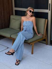 DAZY Bộ áo liền quần mùa hè không dây vai, dáng rộng, chất liệu denim mài, kiểu dáng thường ngày dành cho nữ. - Rửa nhẹ - Xem 5