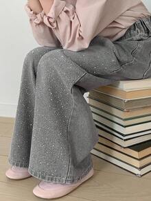 Dazy Kids Quần jean bó sát đính đá lấp lánh dành cho bé gái tuổi teen - Xám - Xem 2
