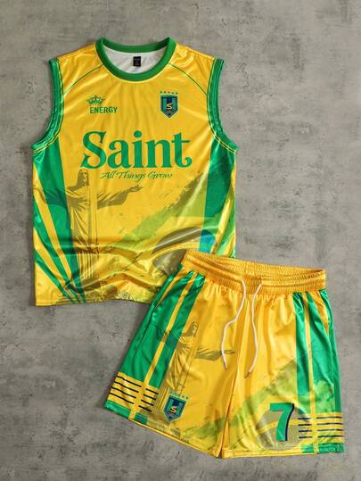 ROMWE MEN Street Life 男士字母印花圆领上衣和抽绳腰短裤休闲日常套装