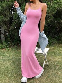 SHEIN EZwear Vestido largo de verano informal de unicolor con tirantes finos ajustados - Rosa - Ver 4