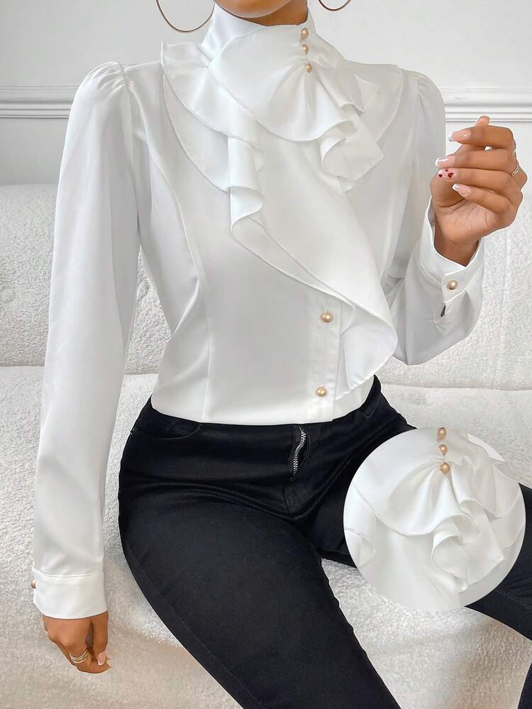 Firerie Women's Elegant Chic Modest  Ruffle Peplum Hem Puff Sleeve Work Women Blouse,Long Sleeve Tops - White - View 1