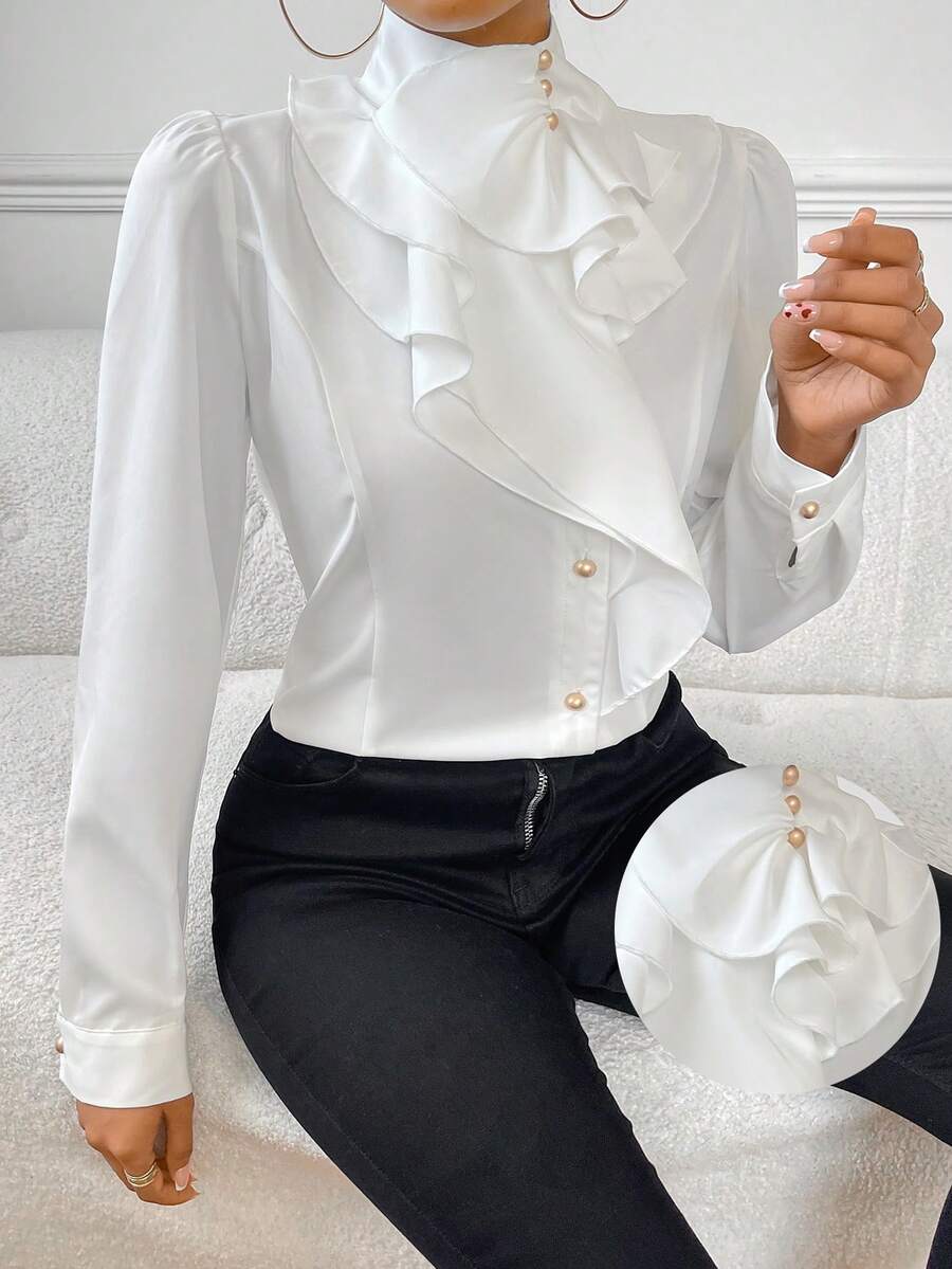 Firerie 女式荷叶边荷叶边下摆泡泡袖工作女式衬衫、长袖上衣