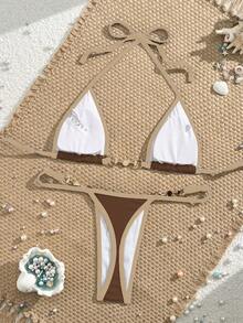 Swim Vcay 女士纯色露背比基尼套装，适合海滩度假，三角杯夏季 - 棕色 - 查看 3