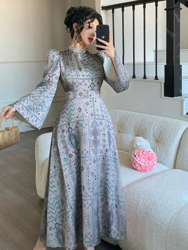 Women's Elegant Floral Print Stand Collar Petal Sleeve Tie-Waist Dress, Spring/Summer Sundress