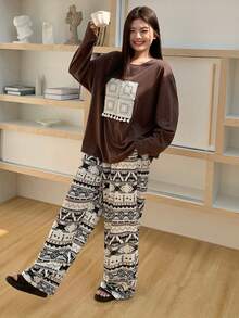 Dazy Plus 2pcs/Set Floral Print Loose Long Sleeve Top And Long Pants Pajama Set, Plus Size Women Spring/Autumn - Brown - View 5