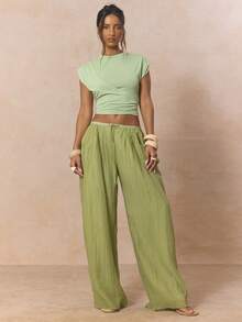 MUSERA Áo thun cổ tròn tay ngắn với chi tiết xếp ly phía trước, kiểu dáng dễ thương, thích hợp cho mùa xuân, lễ hội, nữ tính, phong cách ngọt ngào, mùa hè. - Màu xanh Ô liu - Xem 5