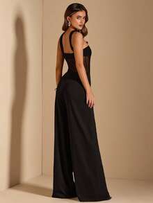 SHEIN BAE Women's Black Halter Waist Semi-Sheer Wide Leg Jumpsuit, Black Jumpsuit, Elegant Jumpsuit, Minimalist Travel Jumpsuit, Spring/Summer - Black - View 2