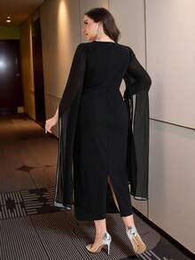 Modelyn 大码女式亮片网纱拼接超长袖派对连衣裙 - 黑色 - 查看 4