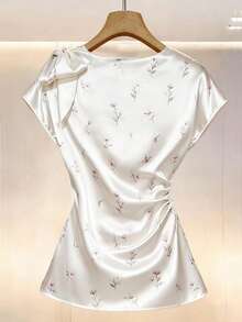 Modelyn 优雅女士缎面印花系带收腰修身衬衫 - 彩色 - 查看 2