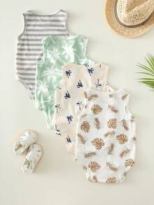 SHEIN Bộ 4 món áo liền quần không tay dệt kim họa tiết cây dừa và sọc dễ thương cho bé sơ sinh trai/gái, chủ đề kỳ nghỉ hè. - Nhiều màu - Xem 2