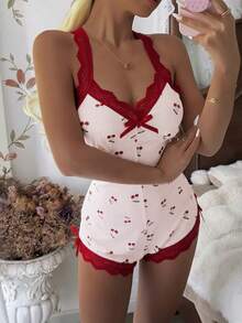 CottageSlumber Áo liền quần hai dây ren phối màu tương phản, hở lưng, in hình quả anh đào gợi cảm, đồ mặc nhà cho nữ. - Nhiều màu - Xem 6