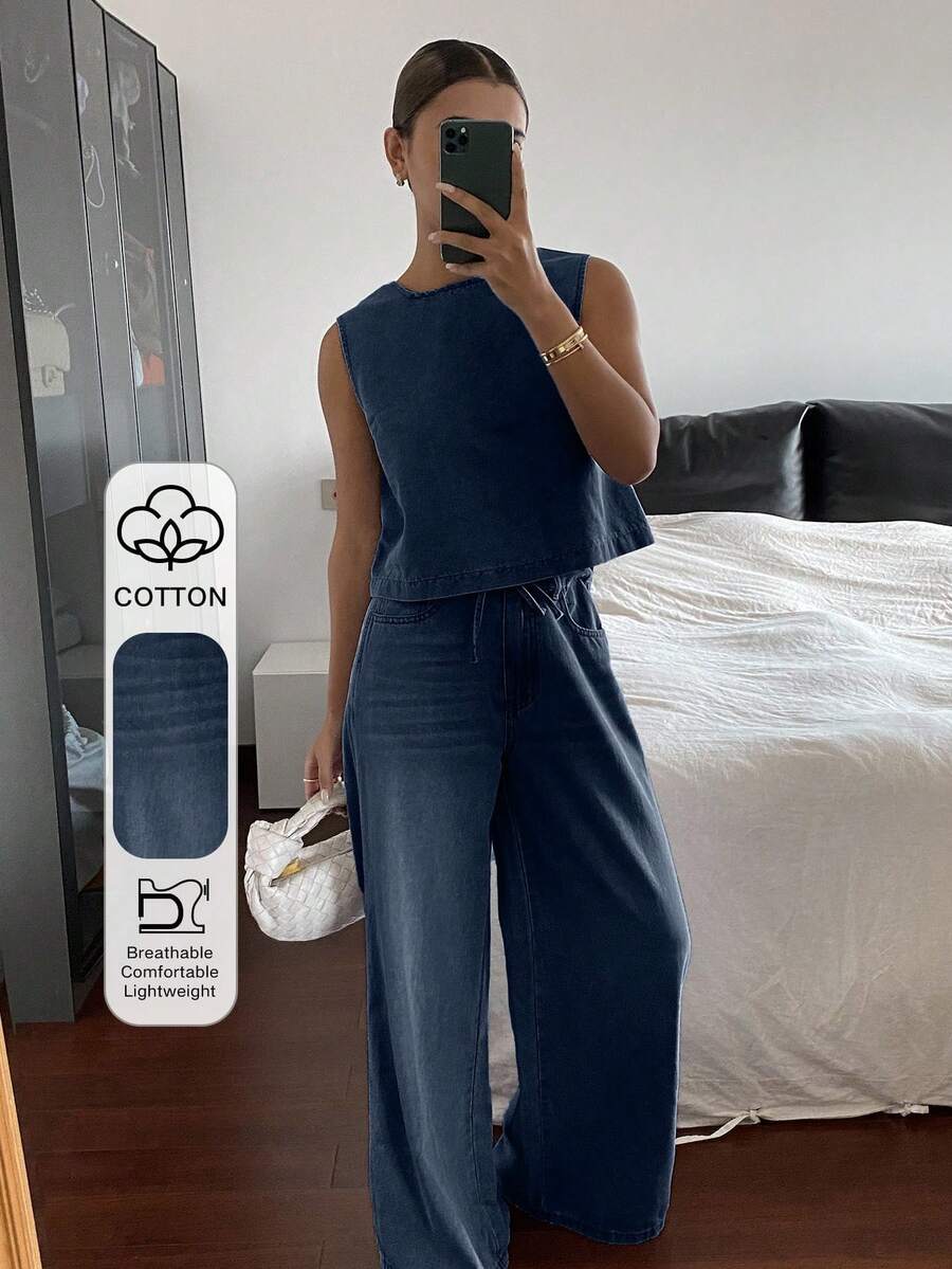 Livesso Bộ đồ nữ màu xanh dương bằng cotton gồm áo tay ngắn cổ tròn và quần jeans dáng rộng, thích hợp cho mùa hè. - Màu xanh lam - Xem 1