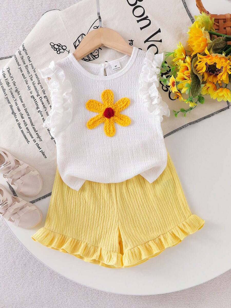 SHEIN Genkimix Kids Toddler Girl Summer Clothes,2pcs Knitted Jacquard Ivory Ruffle Trim Camisole Top And Yellow Sunflower Shorts Set,Cute Adorable Baby Kids Outfit - Yellow - View 1