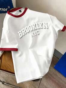 Manfinity Joysei 男士圆领撞色滚边字母3D图案休闲日常短袖T恤 - 彩色 - 查看 1