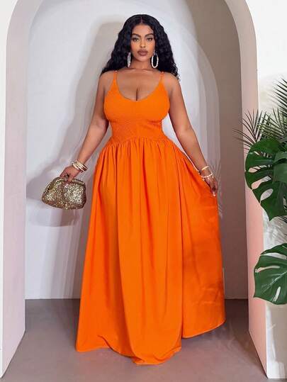 Slaydiva 2026 Spring/Summer Elegant Commute & Casual, Birthday Party, Graduation, Student, Daily Outing, All-Match Versatile, Leisure, Vacation, Cruise Travel, Beach, Sunbathing, Trending, Business Casual, Minimalist & Casual & Vacation & Outing Women's Suitable For Beach And Summer Sleeveless Waist-Cinched A-Line Midi Dress - Orange