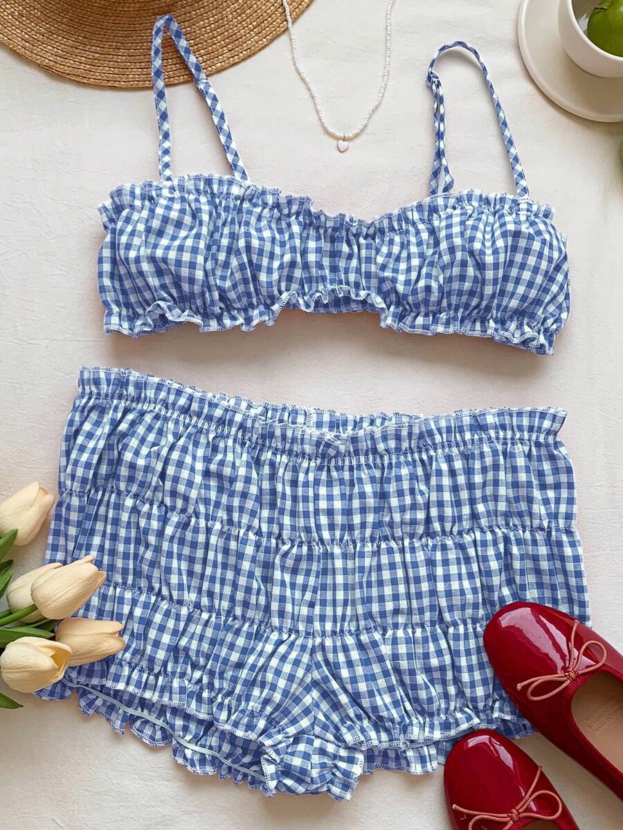 SHEIN EZwear Bộ 2 món áo hai dây kẻ caro gợi cảm và quần short siêu mini cho nữ mùa hè - Màu xanh lam - Xem 1