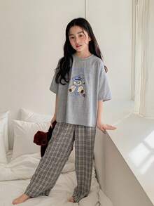 DAZY Tween Girl Cartoon Print Short Sleeve Top And Plaid Pants Pajama Set - Grey - View 1