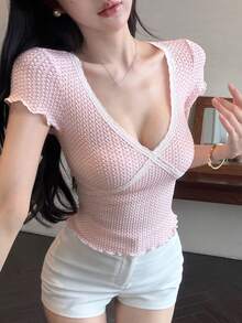 DAZY 女士深V领蕾丝修身休闲日常T恤 - 粉色 - 查看 4