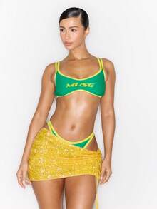 Musera Resort Váy ngắn cạp thấp đính sequin xếp ly hai bên, thích hợp cho kỳ nghỉ xuân hè, gợi cảm, phong cách Ibiza, lễ hội, kỳ nghỉ, điểm dừng chân, lễ Phục sinh. - Màu vàng - Xem 1