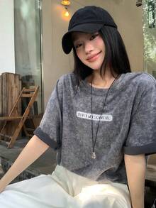 DAZY Áo thun nữ tay ngắn cổ tròn in họa tiết tối giản - Xám - Xem 6