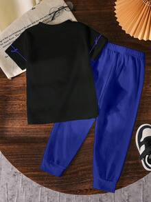 Bộ quần áo 2 món in chữ cho bé trai, áo thun cổ tròn màu đen và quần dài màu xanh thời trang và thoải mái, áo tay ngắn và quần dài cho bé trai, phù hợp cho mọi mùa. - Nhiều màu - Xem 5