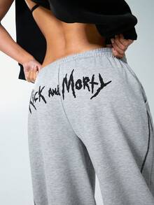 Rick and Morty X SHEIN Women's Drawstring Waist Pocket Tapered Casual Pants, - Light Grey - View 5