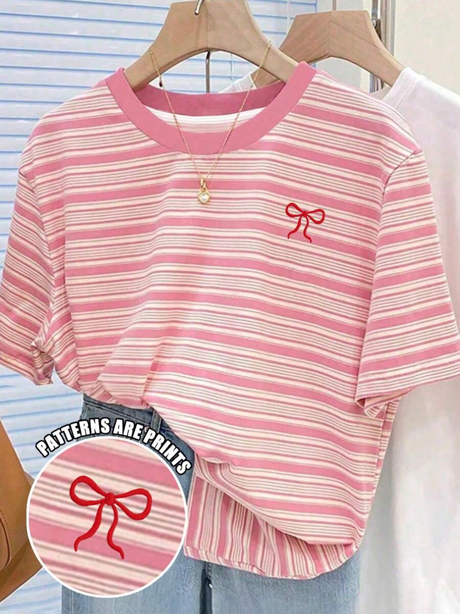 Camiseta minimalista para adolescentes con estampado de rayas de color rosa retro de dopamina, versátil y usable - Multicolor - Ver 1