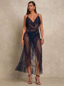 Glamine 女士优雅性感网纱波点吊带荷叶边薄纱连衣裙 - 藏蓝色 - 查看 7