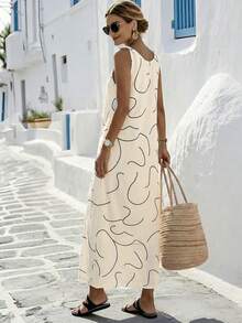 Breezaya Women's Linen Texture Abstract Line Loose Long Dress - Beige - View 2