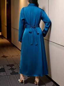 Modelyn Plus Size Solid Color Wrap Ruched Elegant Long Sleeve Dress - Blue - View 2