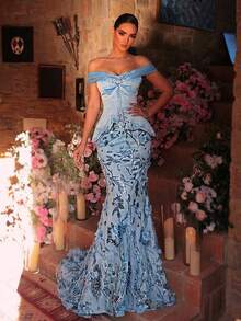 Glamrae Đầm dạ hội sang trọng màu xanh nhạt, đính sequin 3D hoa văn tinh tế, phối satin, một vai, đính đá lấp lánh, kiểu đuôi cá, dài thướt tha, hở lưng, có dây buộc điều chỉnh được. - Màu xanh nhạt - Xem 8