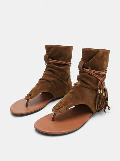 Lumivelle Women's Brown Boots 2024 New Retro Round Toe Tube Boots Fashionable And Versatile Thong Tassel Roman High Top Shoes