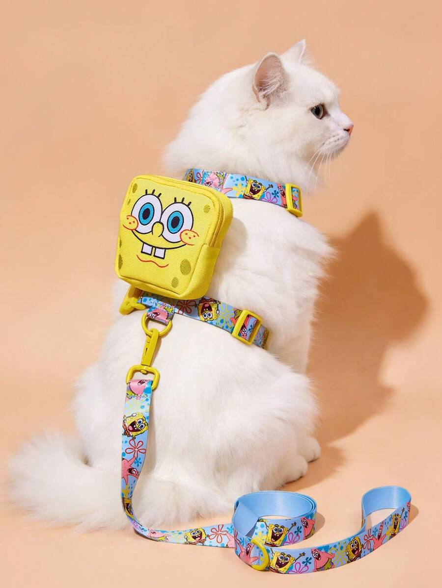 SpongeBob SquarePants | SHEIN 1 Set Of Cartoon Pattern Printed Pet Travel Straps And Leash Sets, A Variety Of Sizes To Choose From, And The Length Of The Strap Can Be Adjusted, Suitable For Cats And Dogs - Yellow - View 1