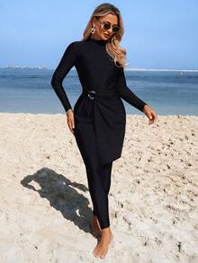 Swim Mulvari Women's New Black 2-Piece Swimwear Set With Belt, Long Sleeve High Neck Midi Dress And Slim Fit Pants, Conservative Modest Burkini For Spring/Summer Vacation - Black - View 5