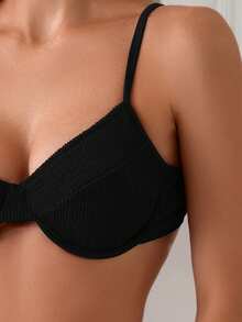 SHEIN Swim Bộ Bikini hai mảnh họa tiết màu trơn, đi biển mùa hè - màu đen - Xem 4