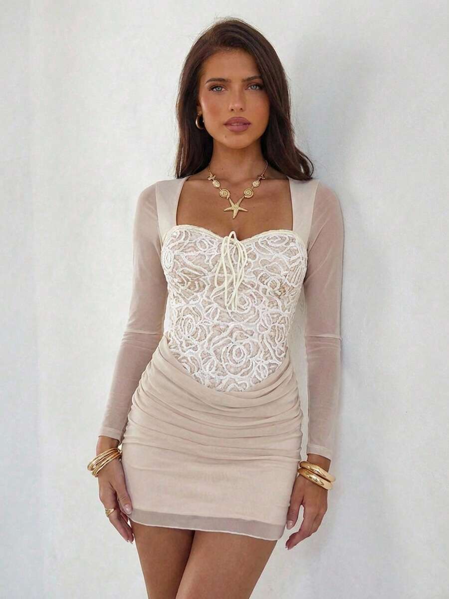 Aloruh New Romantic Sexy Low-Cut Mesh Splice Sequin Embellished Long Sleeve Mini Dress - Apricot - View 1